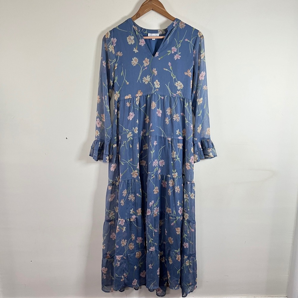 Patrons Of Peace Floral Tiered Maxi Dress Long Sleeve Blue Lined Womens XS Boho - Picture 1 of 6